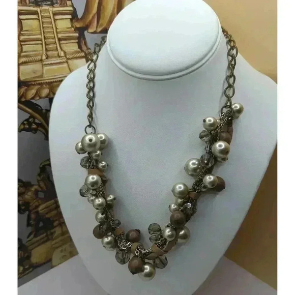 Chico's Multicolor Mixed Medium Faux Pearl Leather Wood Beaded Necklace Womens - Picture 6 of 6